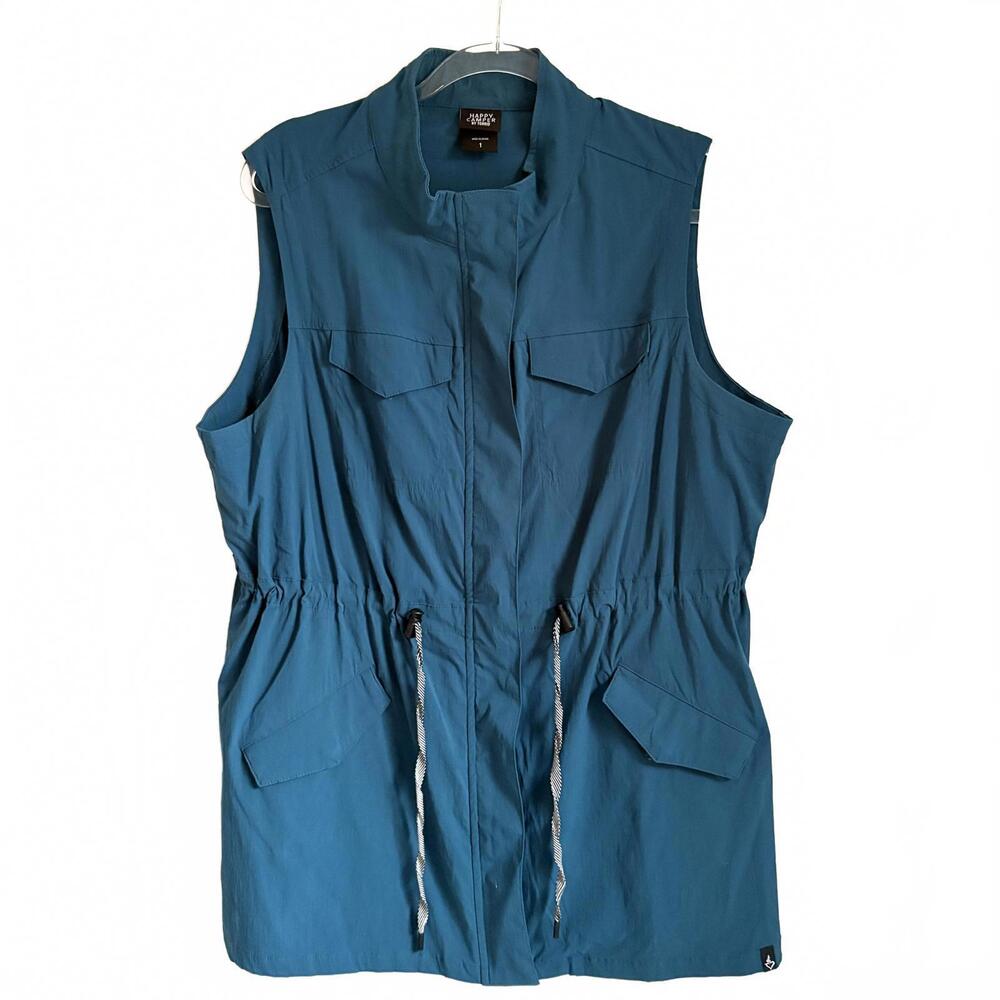 Torrid | NWOT Happy Camper Teal Blue Long Sleeveless Zip Up Vest Drawstring Sz 1